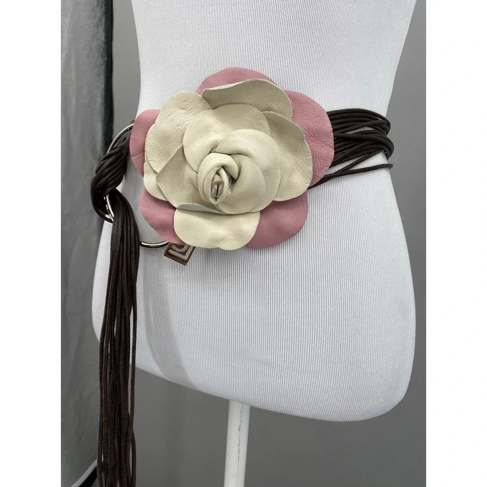 Y2K LC Leather Petal Flower Cord Wrap Belt O/S Pink Boho Floral Brown Cord Rose